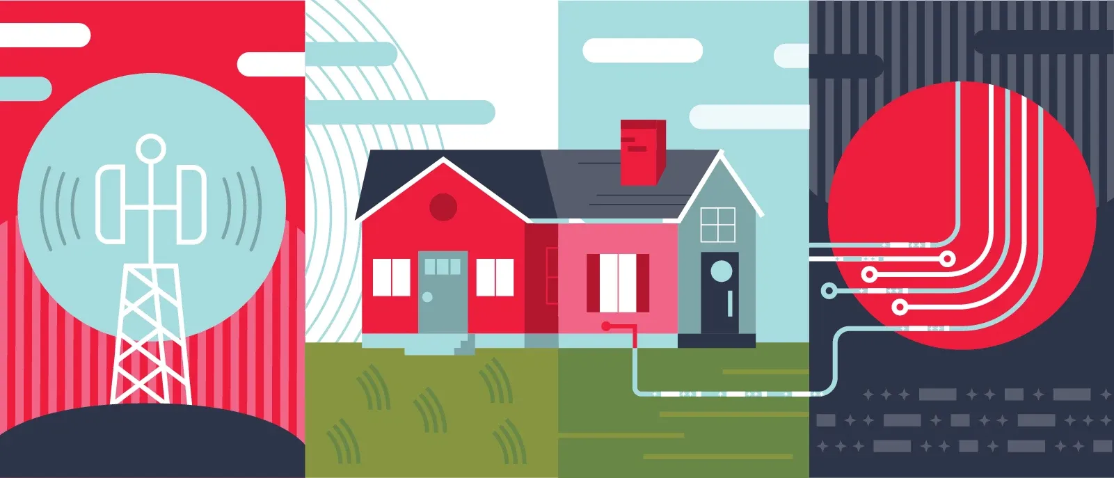 Graphic illustration of a house connected to fiber internet cables on one side and another house receiving 5G wireless signals from a cell tower on the other.